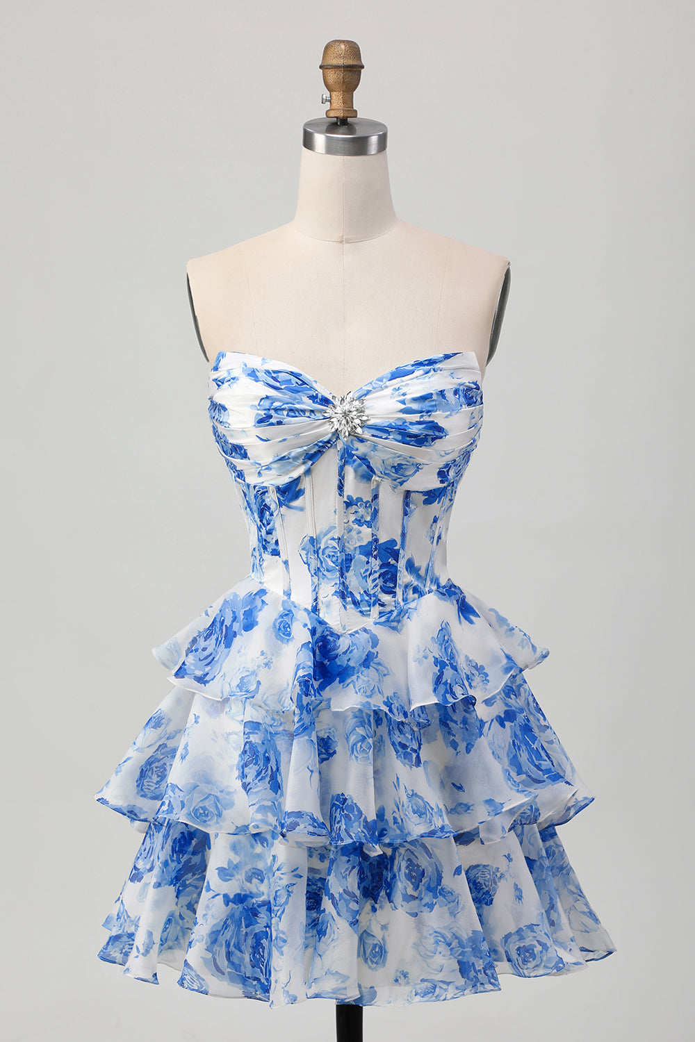 Corset A-Line Sweetheart Tiered White Blue Floral Homecoming Dress
